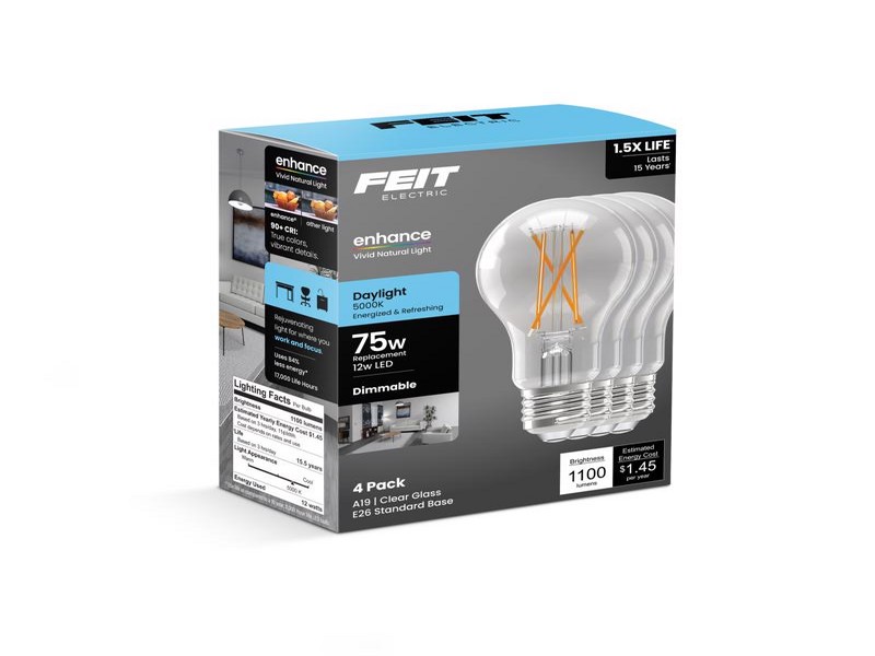 Feit A19 E26 (Medium) Filament LED Bulb Daylight 75 Watt Equivalence, 4 pk