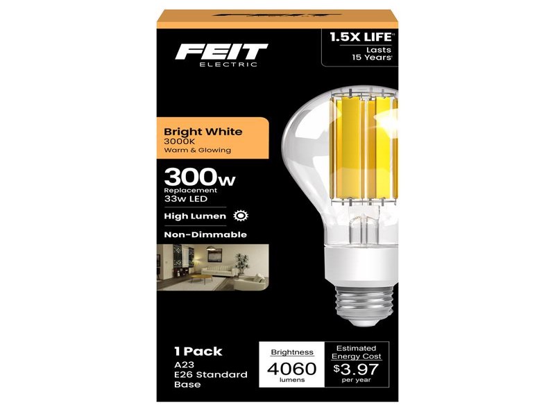 Feit A23 E26 (Medium) Filament LED Bulb Bright White 300 Watt Equivalence, 1