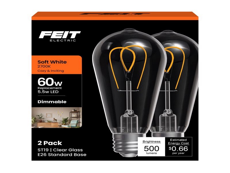 Feit ST19 E26 (Medium) Filament LED Bulb Soft White 60 Watt Equivalence, 2