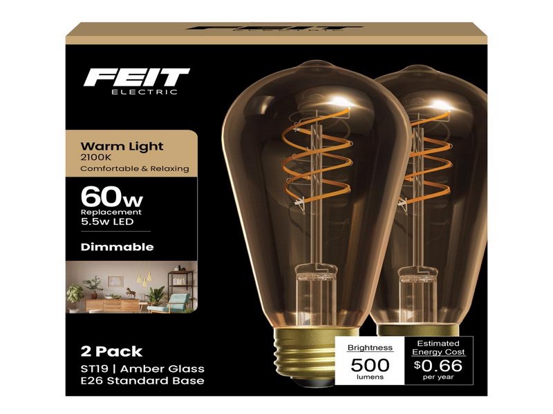 Feit ST19 E26 (Medium) Filament LED Bulb Amber 60 Watt Equivalence, 2 pk
