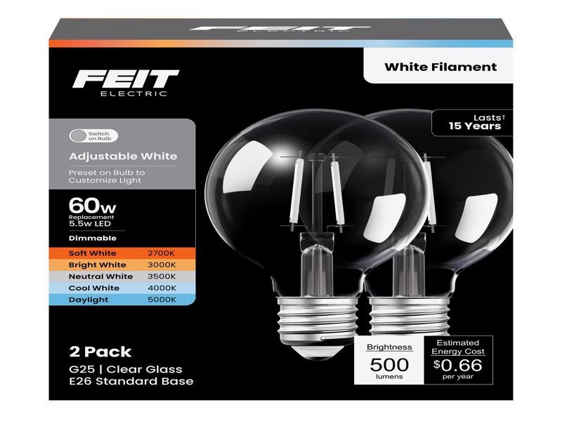 Feit G25 E26 (Medium) LED Bulb Adjustable White 60 Watt Equivalence, 2 pk