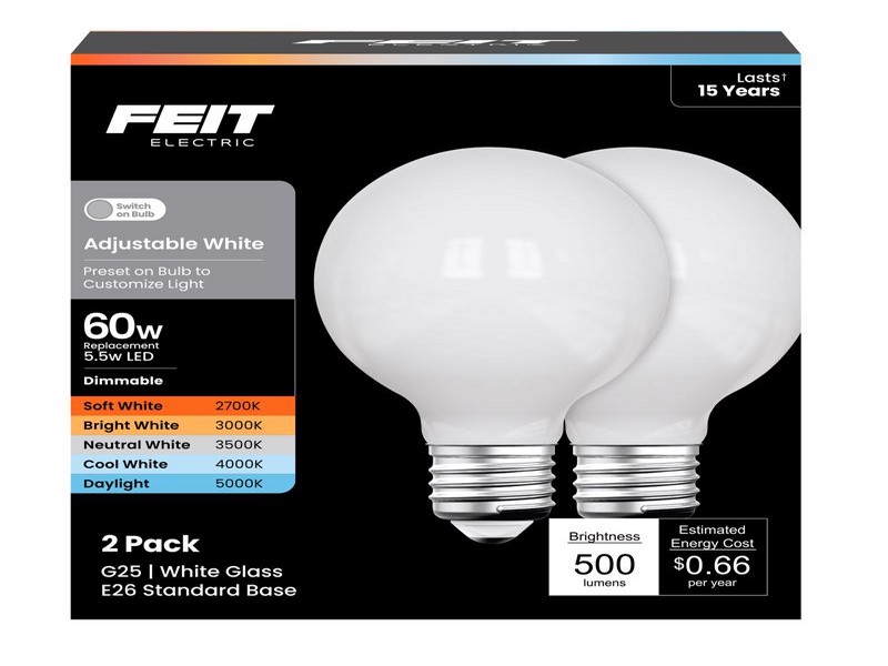 Feit G25 E26 (Medium) LED Bulb Adjustable White 60 Watt Equivalence, 1 pk