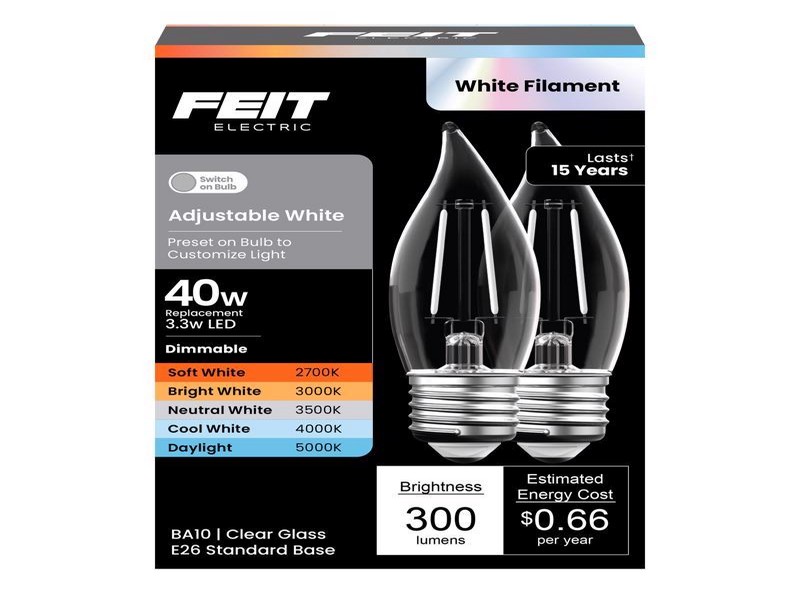 Feit BA10 E26 (Medium) LED Bulb Adjustable White 40 Watt Equivalence, 2 pk