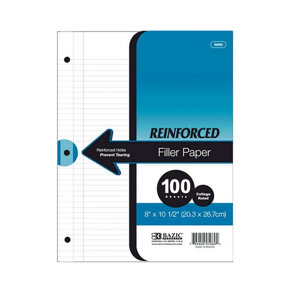 BAZIC 100 Ct College Rule Reinforced Filler Paper