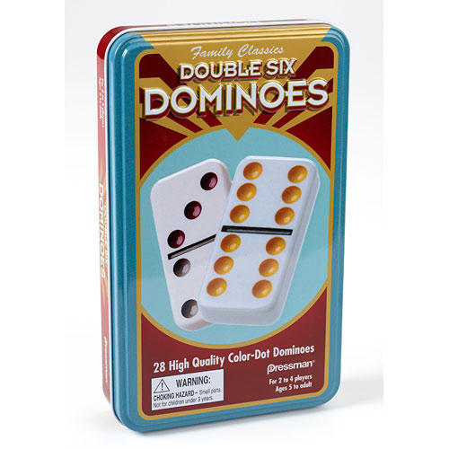 Dominoes Double 6 with Colored Dots in a Tin