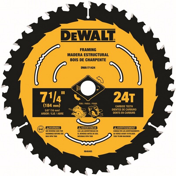 DeWalt 7-1/4 in. D X 5/8 in. S Tungsten Carbide Tipped Circular Saw Blade 24 teeth 1 pk