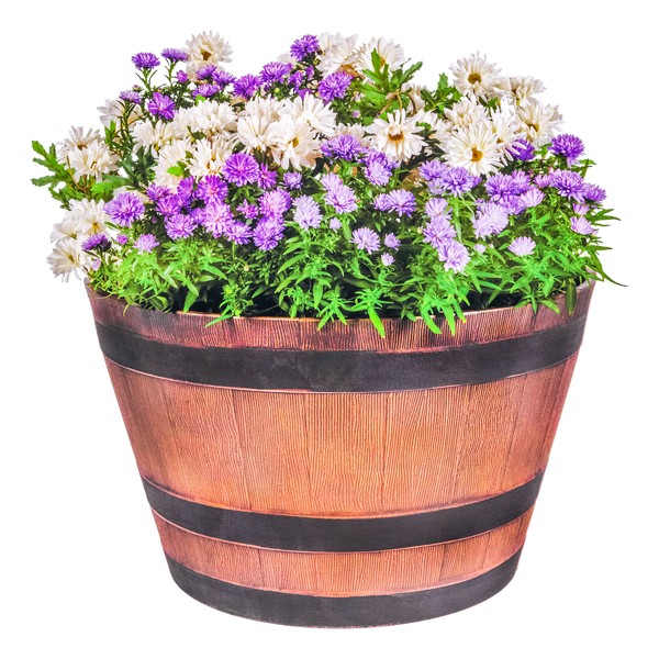 Southern 12.2 in. H X 20.5 in. W X 20.5 in. D Resin Whiskey Barrel Planter Brown